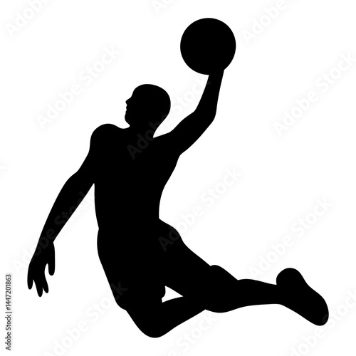 Silhouette of a basketball player in mid vector air about to make a slam dunk