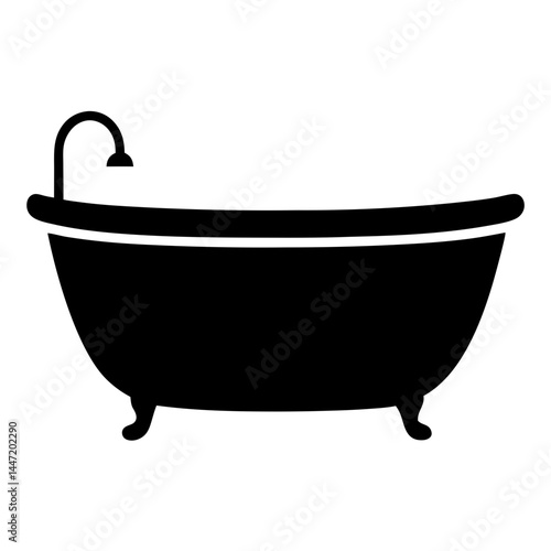 Classic clawfoot bathtub illustration in vector black silhouette with vintage faucet