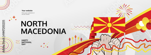 North Macedonia Republic Day greeting banner. 2 August Happy National Day. Festive horizontal templates in flag colors, great for festival event, modern poster, tourism campaign, and holiday sale