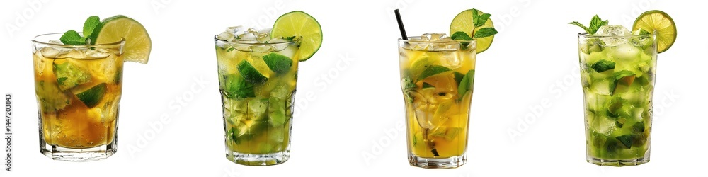 Refreshing Caipirinha Cocktails with Lime, Mint, and Ice in Clear Glasses on Transparent Background Refreshing Caipirinha Cocktails with Lime, Mint, and Ice in Clear Glasses on Transparent Background
