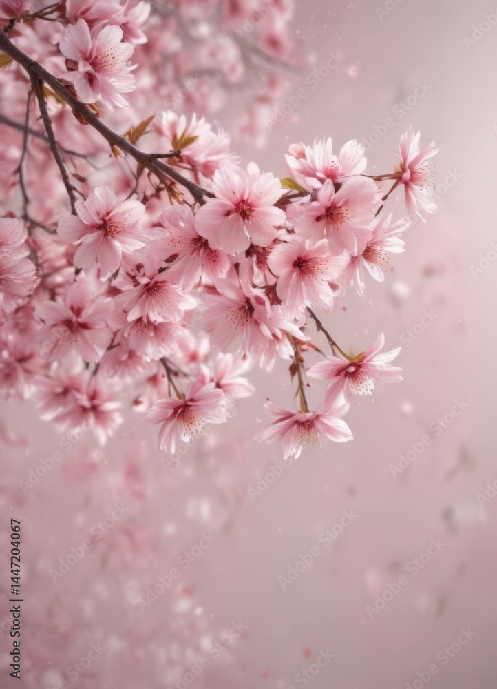 Naklejka premium Delicate pink sakura petals gently falling against a soft, blurred background , light, nature, bloom