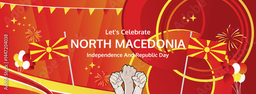 North Macedonia Republic Day greeting banner. 2 August Happy National Day. Festive horizontal templates in flag colors, great for festival event, modern poster, tourism campaign, and holiday sale