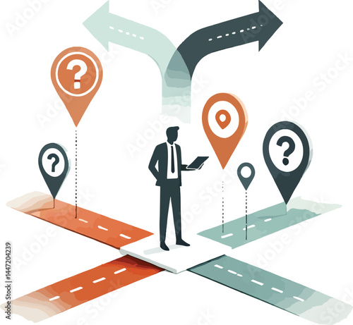 Decision management the image features a person holding a tablet standing at a crossroads with multiple directions.
