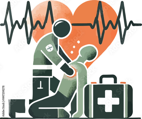 First aid assistance the image features a paramedic or medical professional kneeling and helping a person cardiac arrest or heart attack.