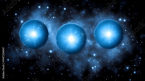 Three Glowing Celestial Bodies in a Dark Nebula Cosmic Space Scene