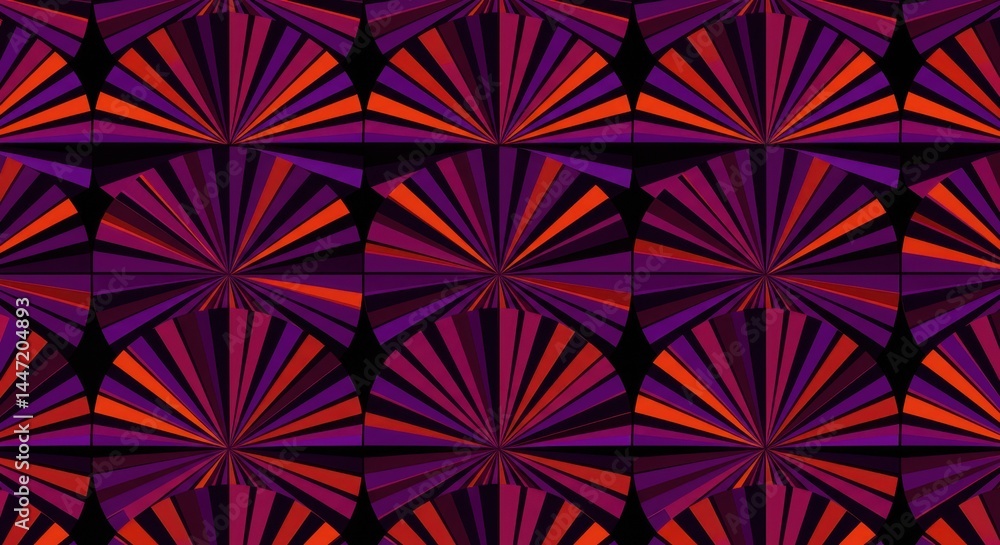Abstract Purple and Orange Sunburst Pattern; Geometric Radial Design, Modern Art Deco Style Background Abstract Purple and Orange Sunburst Pattern; Geometric Radial Design, Modern Art Deco Style Background