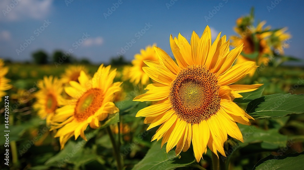 Bright Yellow Sunflowers in Full Bloom Under Clear Blue Sky Bright Yellow Sunflowers in Full Bloom Under Clear Blue Sky