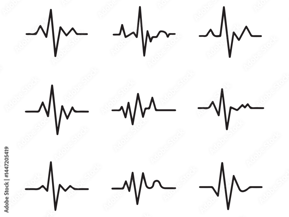 Black heartbeat line collection with heart symbol, cardiology, medical pulse, ECG, EKG design, healthcare clipart vector illustration on white background Black heartbeat line collection with heart symbol, cardiology, medical pulse, ECG, EKG design, healthcare clipart vector illustration on white background