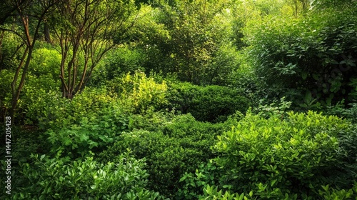 A forest with a dense undergrowth of shrubs and bushes, creating a layered effect.