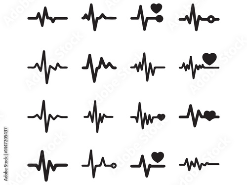 Black heartbeat line collection with heart symbol, cardiology, medical pulse, ECG, EKG design, healthcare clipart vector illustration on white background