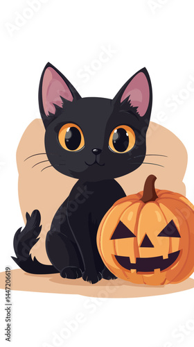 Cute Black Cat with Jack-o'-Lantern Pumpkin Halloween Vector Illustration