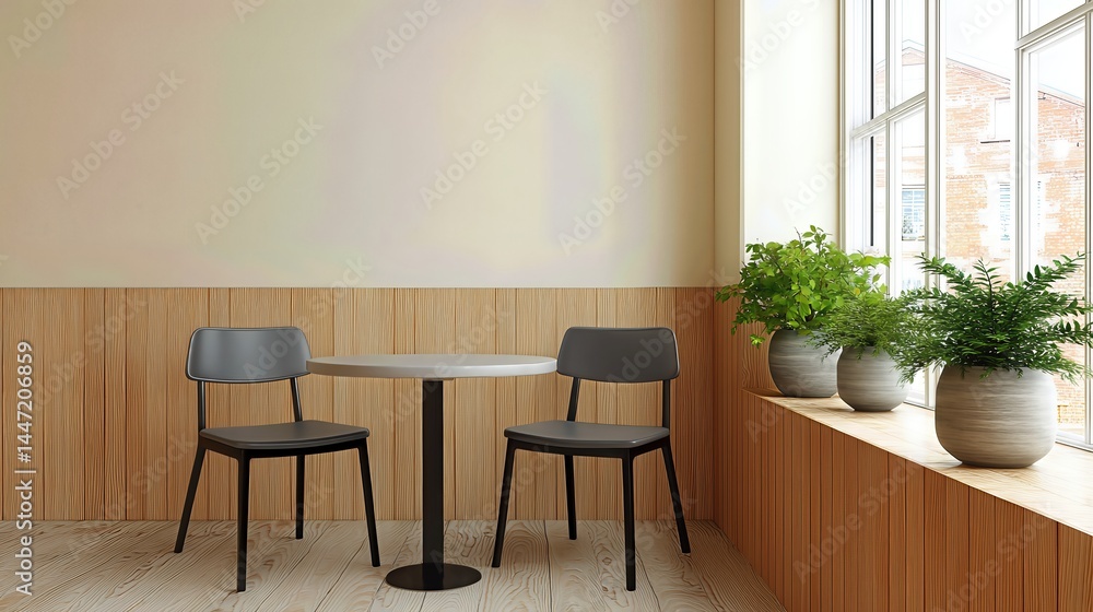 A minimalist café interior features two tables with gray chairs, natural wood accents, and soft sunlight streaming through a large window. A minimalist café interior features two tables with gray chairs, natural wood accents, and soft sunlight streaming through a large window.