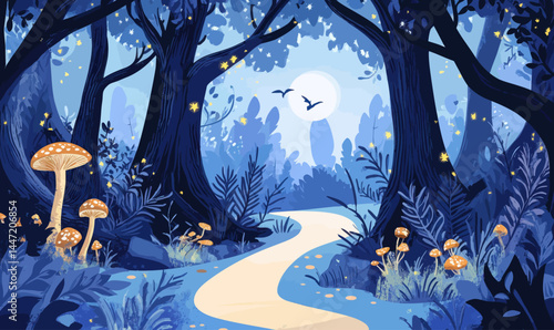 Enchanted Forest with Glowing Mushrooms and Mystical Creatures in Minimalist Vector Art