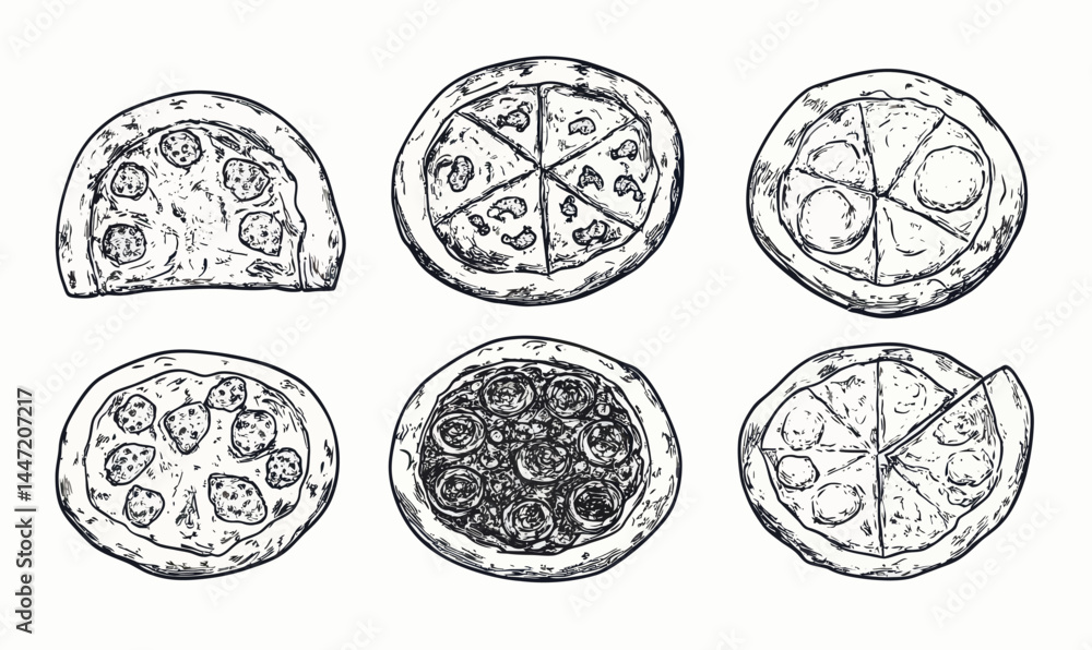 Italian Pizza Illustration Set Hand Drawn Sketch Engraving Style Vector Art Italian Pizza Illustration Set Hand Drawn Sketch Engraving Style Vector Art