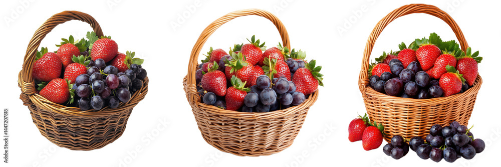 A set of wicker baskets filled with fresh strawberries and grapes, isolated on transparent Background A set of wicker baskets filled with fresh strawberries and grapes, isolated on transparent Background