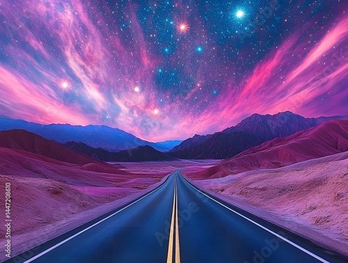 Magical Desert Road at Night Underneath a Starry Sky with Vibrant Pink Clouds