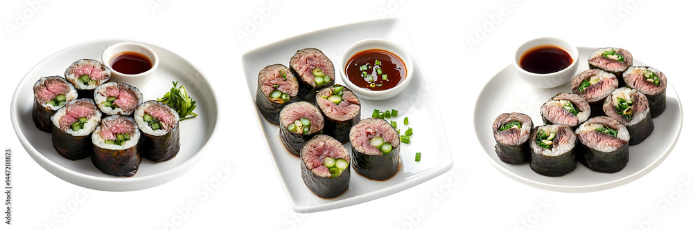 Beef sushi rolls with green onions and dipping sauce on plate isolated on transparent background Beef sushi rolls with green onions and dipping sauce on plate isolated on transparent background
