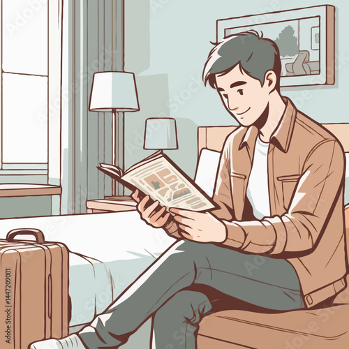 Man reading magazine in hotel room