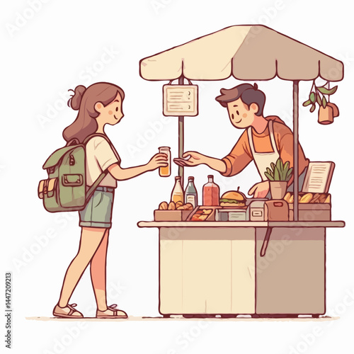 Girl buying drink at summer street food stall illustration