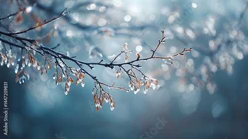 Delicate Frost on Tree Branches with Blue and White Bokeh Effects