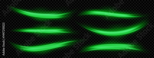 Set of green flow light effect, spring glowing wind lines on black transparent background