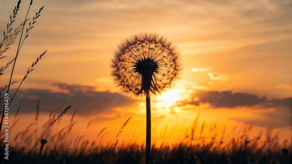 Fototapeta premium Dandelion seed head silhouetted against a vibrant sunset in a grassy field