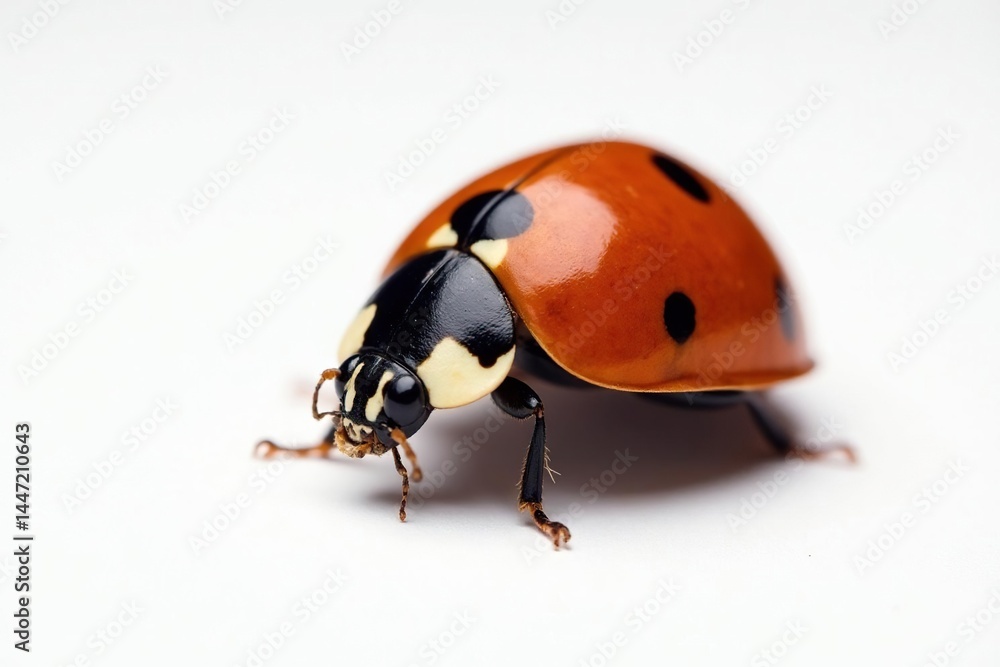 Close-up of single ladybug on white background, pattern, design Close-up of single ladybug on white background, pattern, design