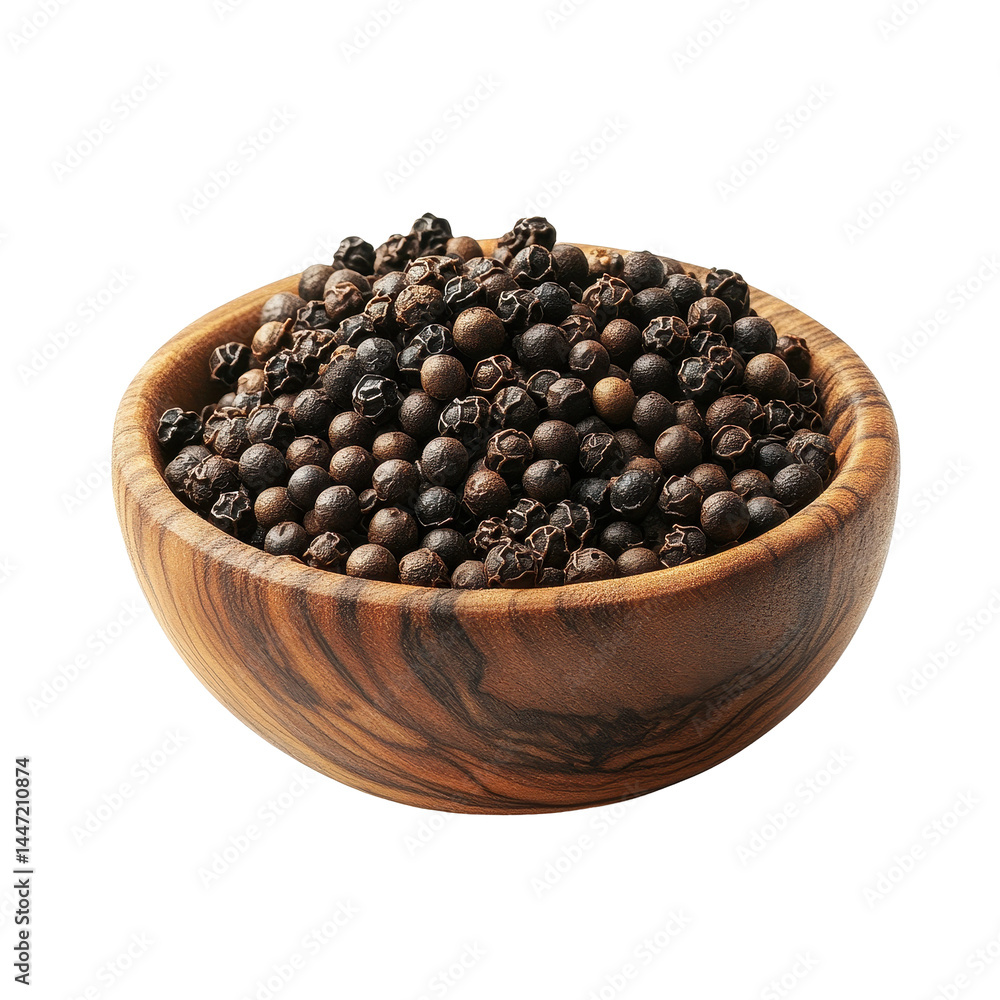 Peppercorns displayed in a wooden bowl on a Transparent background, peppercorn in wood bowl isolated on PNG background Peppercorns displayed in a wooden bowl on a Transparent background, peppercorn in wood bowl isolated on PNG background
