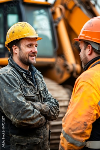 Two construction workers standing next to each other in front of a bulldozer
