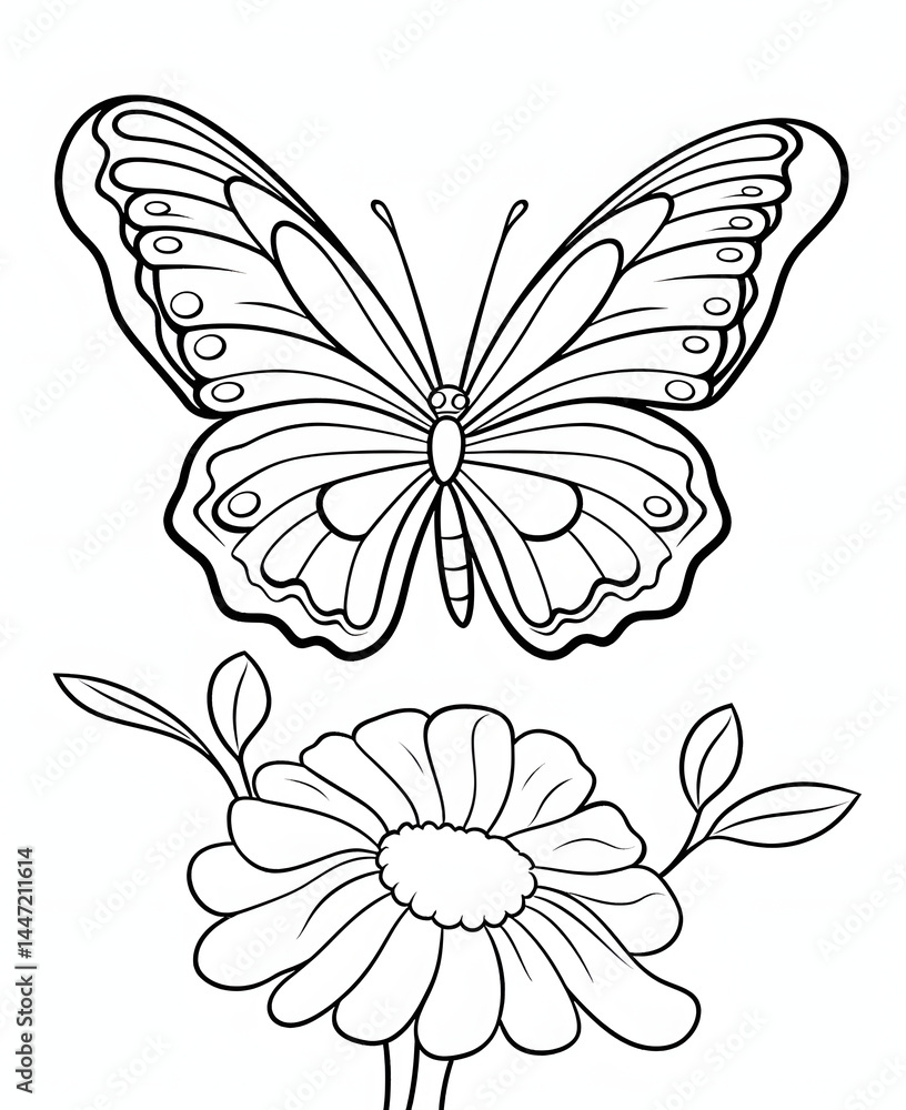 Obraz premium Butterfly and flowers Coloring page, sunflower art, white background vector art, line art, artline, illustration