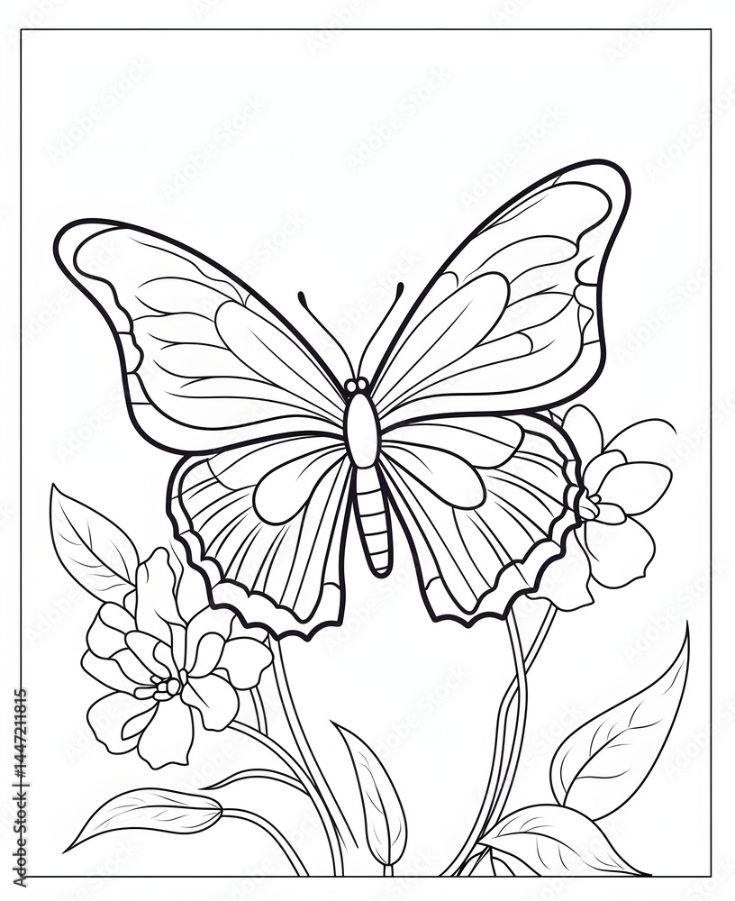Obraz premium Butterfly and flowers Coloring page, sunflower art, white background vector art, line art, artline, illustration