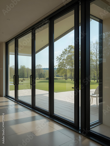 Modern sliding doors with panoramic glass windows opening in the interior of a modern country private house.