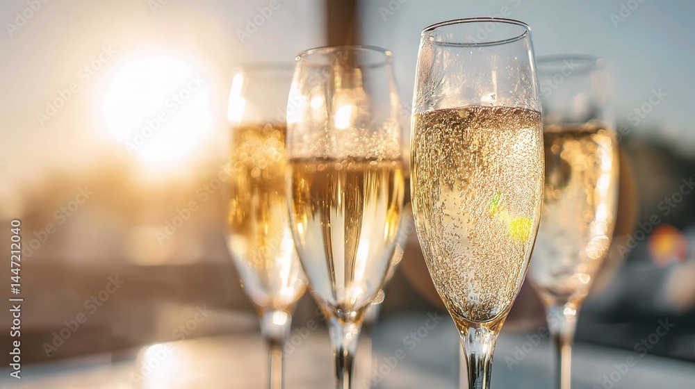 Elegant Champagne Flutes Brightly Sparkling Against Sunset Backdrop Elegant Champagne Flutes Brightly Sparkling Against Sunset Backdrop