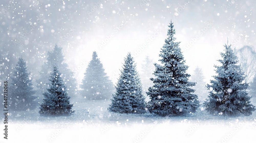 Serene Snowy Winter Scene with Decorated Fir Trees and Snowflakes Serene Snowy Winter Scene with Decorated Fir Trees and Snowflakes