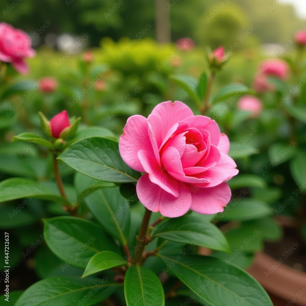 Single pink camellia in vibrant garden setting , delicate, flora, vibrant Single pink camellia in vibrant garden setting , delicate, flora, vibrant