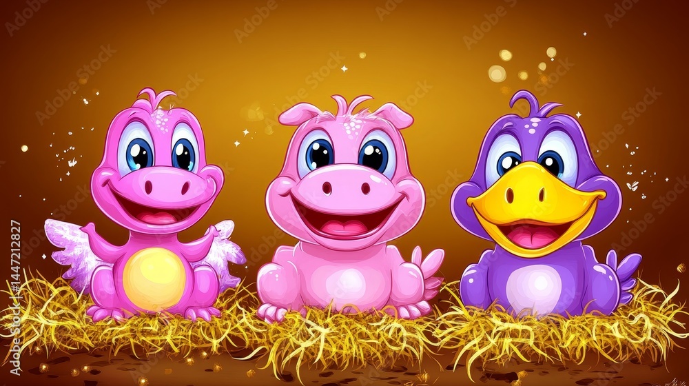 Obraz premium Cheerful cartoon trio of whimsical creatures featuring a playful dragon hippopotamus and bird set in vibrant digital art style radiating joy