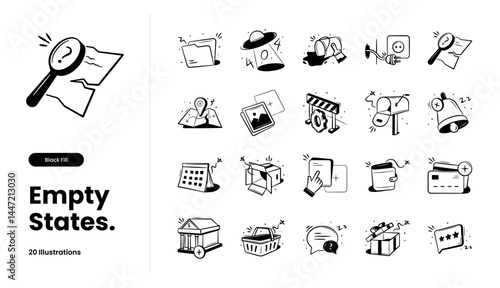 Empty state, empty inbox, nothing found, no results, error 404, no connection, page not found, no messages. Vector illustration