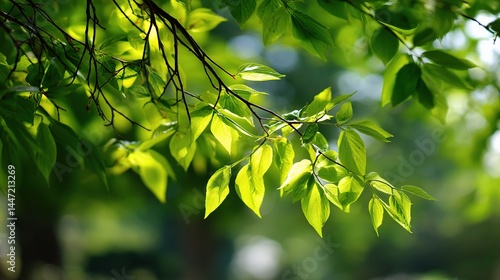 Bright Green Leaves Glowing in Sunlight on a Tree Branch