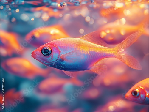 Underwater close-up of glowing fish with dynamic light reflections