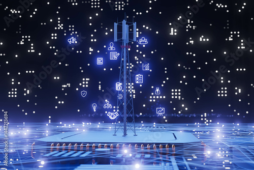 A tower with a lot of icons on it with business icon