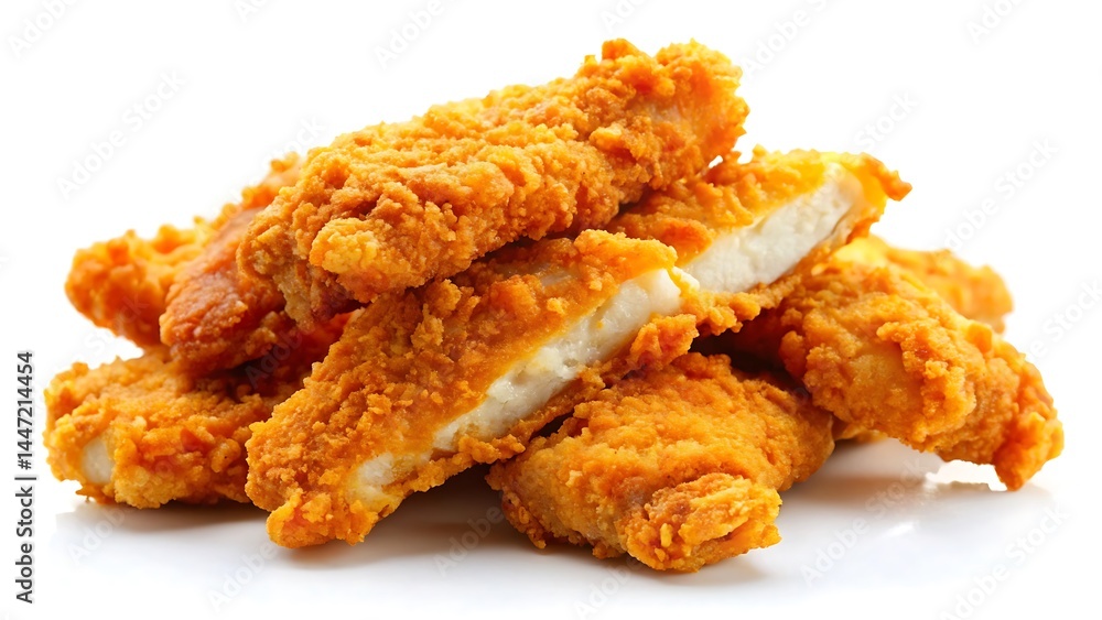 Breaded and fried chicken breast strips isolated on white background Breaded and fried chicken breast strips isolated on white background