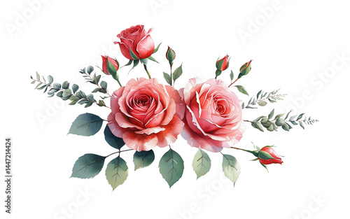 Flowers isolated on white. Elegant Red Rose Bouquet with Greenery on Transparent Background for wedding invitation, greeting card, print design. Clipart PNG.