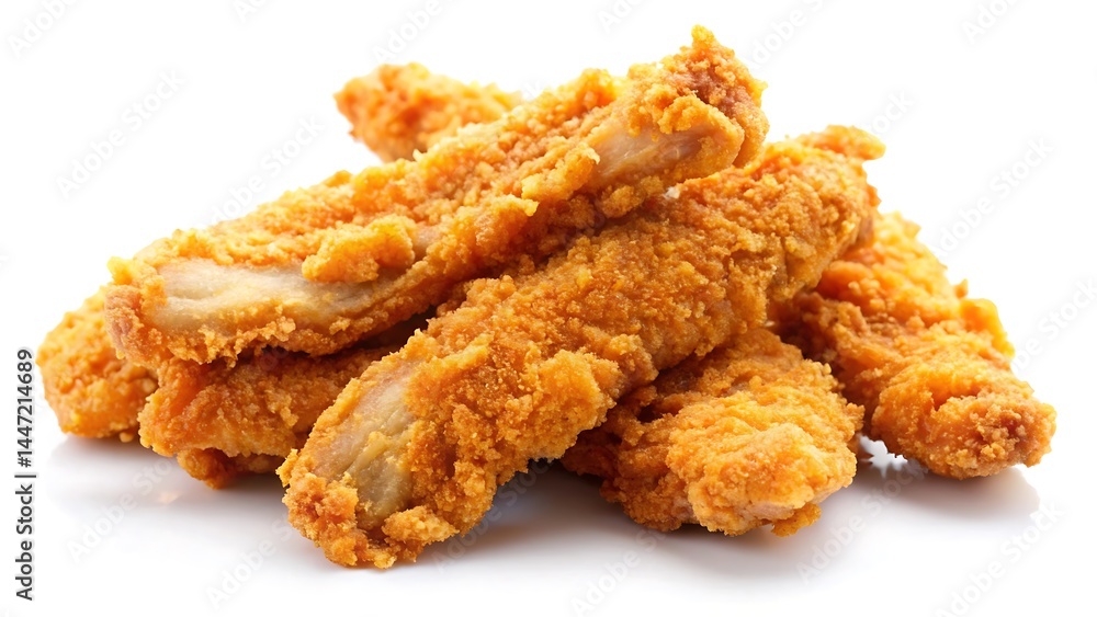 Breaded and fried chicken breast strips isolated on white background Breaded and fried chicken breast strips isolated on white background