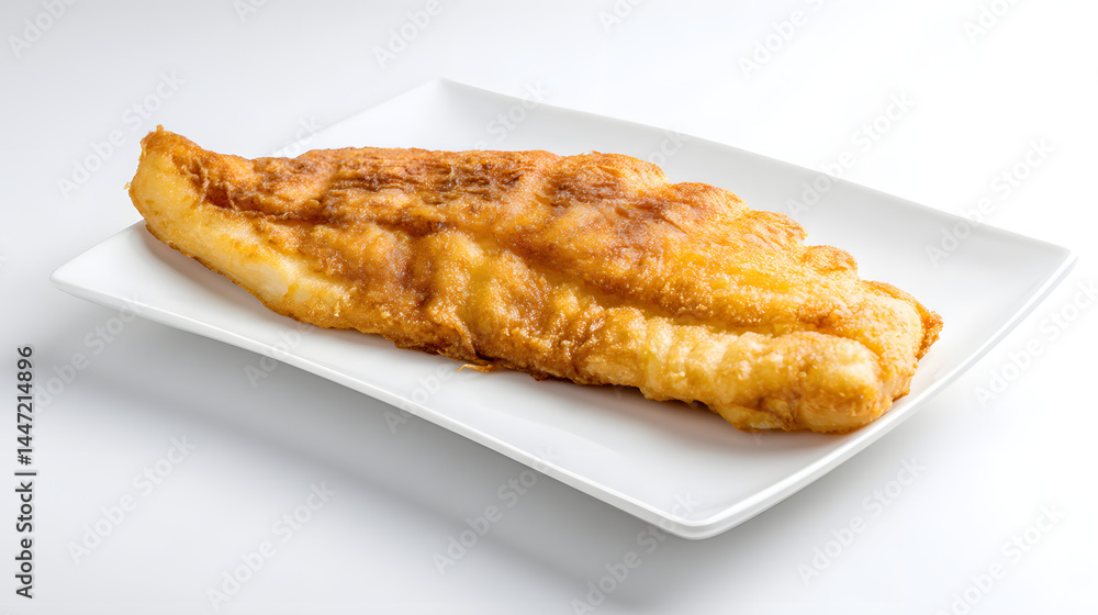 Perfectly Cooked Single Piece of Fried Fish on a Crisp White Plate Isolated on a Clean Bright Background Perfectly Cooked Single Piece of Fried Fish on a Crisp White Plate Isolated on a Clean Bright Background