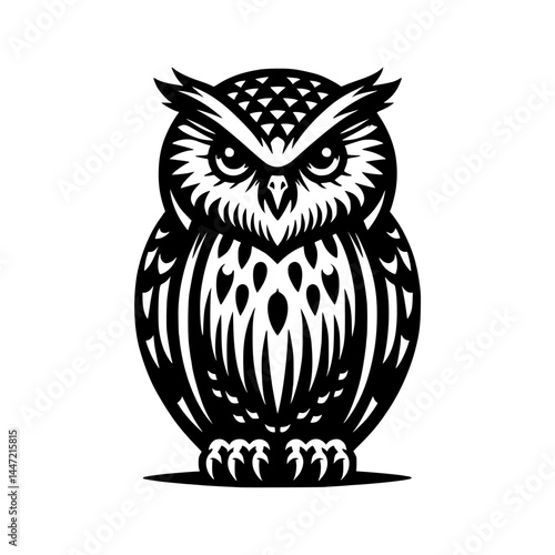 A black and white owl silhouette vector illustration, isolated on a white background.