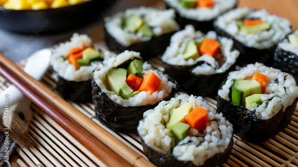An appetizing array of sushi rolls filled with fresh vegetables, beautifully displayed on a bamboo mat, symbolizing culinary art and the elegance of Japanese cuisine. An appetizing array of sushi rolls filled with fresh vegetables, beautifully displayed on a bamboo mat, symbolizing culinary art and the elegance of Japanese cuisine.
