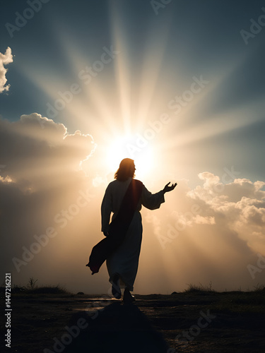 Silhouette of a Jesus Christ walking towards a radiant light amidst dramatic clouds