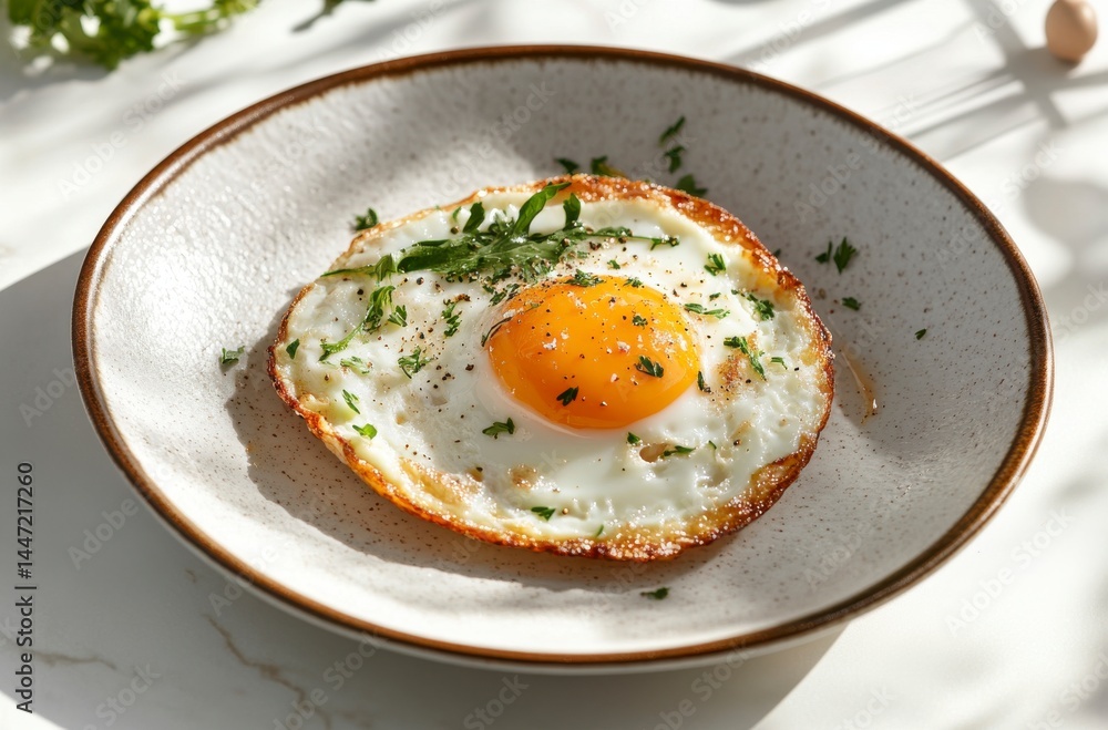 Crispy Fried Egg with Sunny Yolk on Off White Plate Crispy Fried Egg with Sunny Yolk on Off White Plate