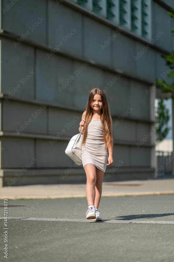 Obraz premium Happy schoolgirl walking down street with backpack on her back