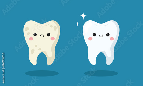 Cute happy clean white tooth and sad dirty tooth character. Tooth before and after whitening or cleaning. Vector illustration
